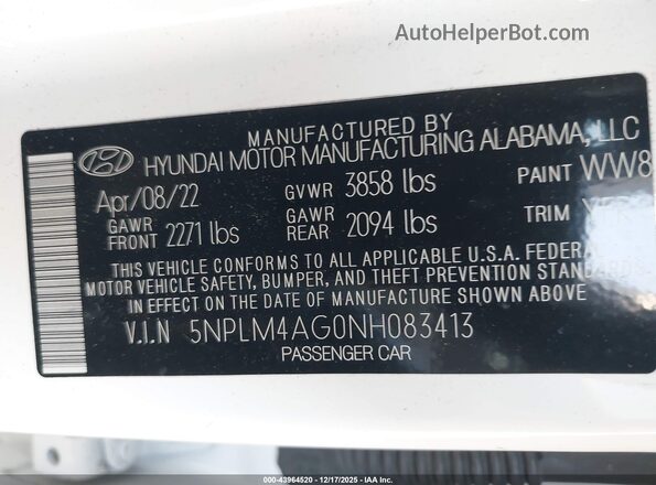 5NPLM4AG0NH083413 2022 HYUNDAI ELANTRA White Շարժիչի բաժամունքի տեսք