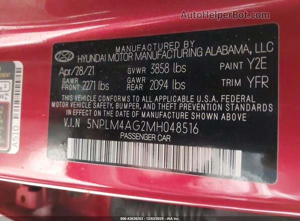 5NPLM4AG2MH048516 2021 HYUNDAI ELANTRA Red Շարժիչի բաժամունքի տեսք