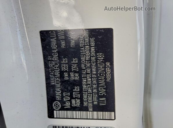 5NPLM4AG2NH079489 2022 HYUNDAI ELANTRA Белый Вид наклейки с VIN-кодом