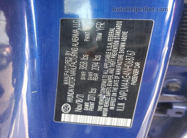 5NPLM4AG4NH068767 2022 HYUNDAI ELANTRA Blue ძრავის განყოფილების ხედი