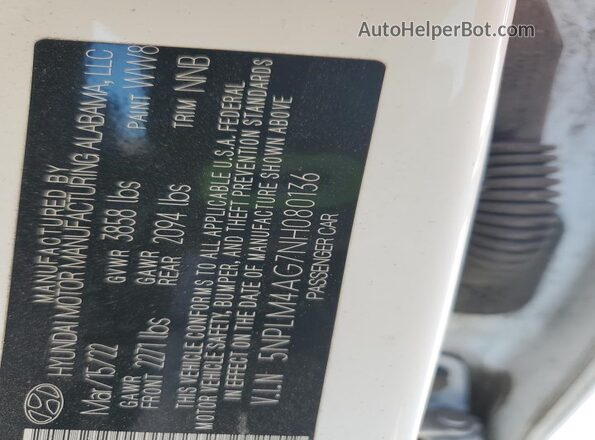 5NPLM4AG7NH080136 2022 HYUNDAI ELANTRA White VIN sticker view