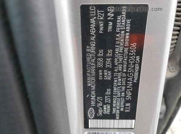5NPLN4AG3NH063606 2022 HYUNDAI ELANTRA Серебряный Вид наклейки с VIN-кодом
