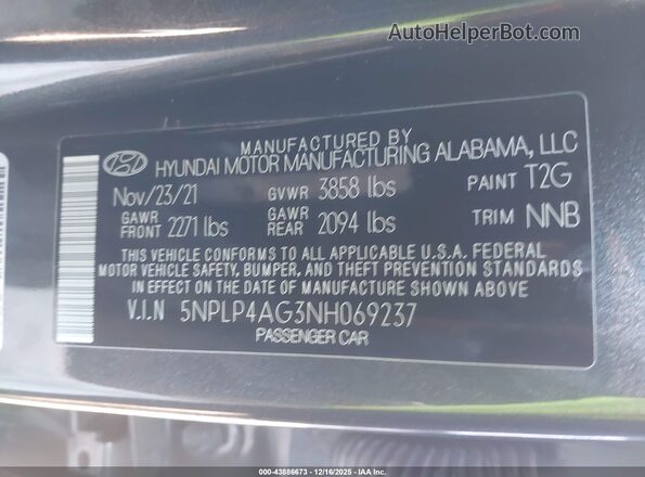 5NPLP4AG3NH069237 2022 HYUNDAI ELANTRA Gray Vista del compartimento del motor