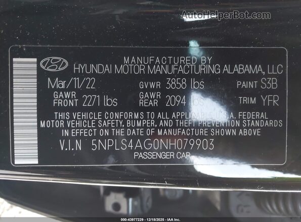 5NPLS4AG0NH079903 2022 HYUNDAI ELANTRA Black Engine compartment view