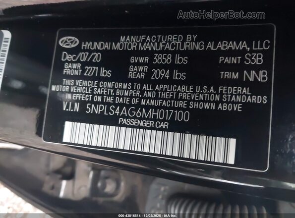 5NPLS4AG6MH017100 2021 HYUNDAI ELANTRA Black Շարժիչի բաժամունքի տեսք