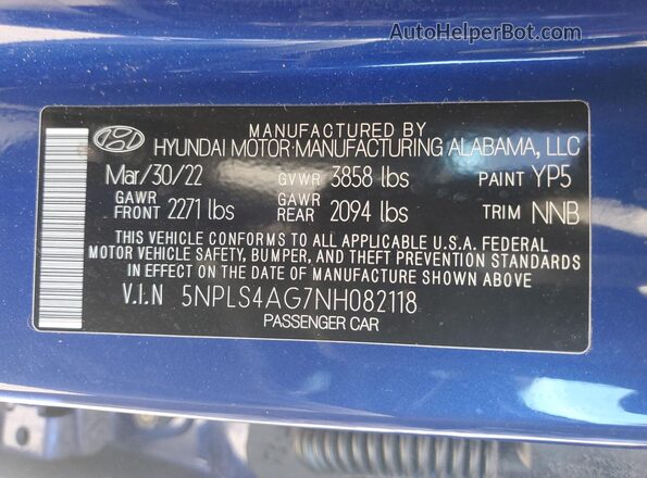 5NPLS4AG7NH082118 2022 HYUNDAI ELANTRA Blue Vista de la etiqueta del VIN