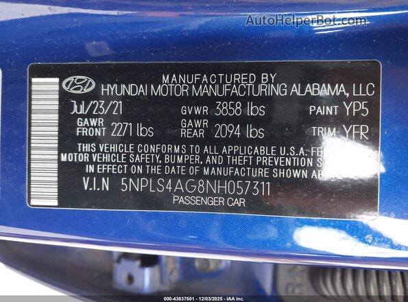 5NPLS4AG8NH057311 2022 HYUNDAI ELANTRA Blue Engine compartment view