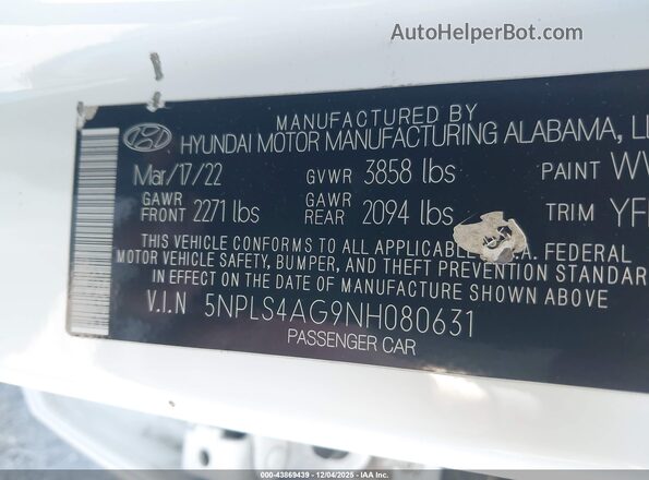 5NPLS4AG9NH080631 2022 HYUNDAI ELANTRA White Engine compartment view