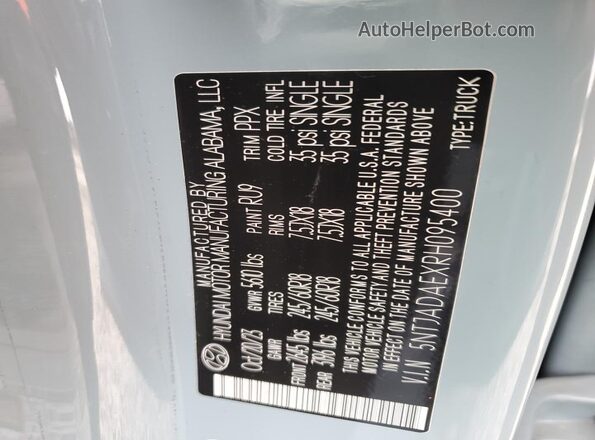 5NTJADAEXRH095400 2024 HYUNDAI SANTA Blue VIN კოდის სტიკერის ხედი