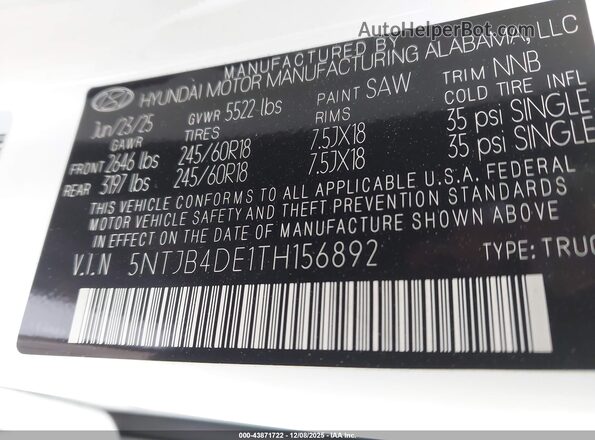 5NTJB4DE1TH156892 2026 HYUNDAI SANTA CRUZ White Widok komory silnika