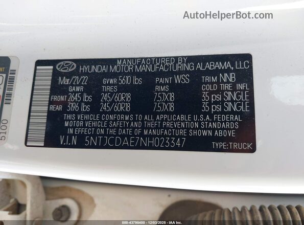 5NTJCDAE7NH023347 2022 HYUNDAI SANTA CRUZ White ძრავის განყოფილების ხედი