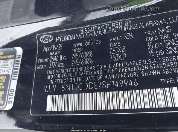 5NTJCDDE2SH149946 2025 HYUNDAI SANTA CRUZ Black ძრავის განყოფილების ხედი