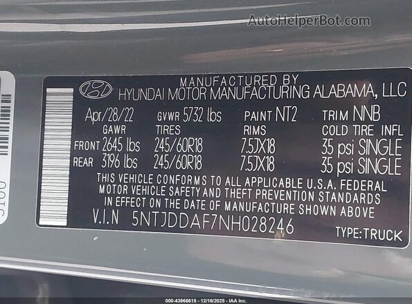 5NTJDDAF7NH028246 2022 HYUNDAI SANTA CRUZ Gray Engine compartment view