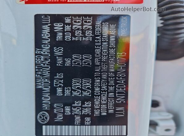 5NTJEDAF8NH011713 2022 HYUNDAI SANTA White Widok naklejki z numerem VIN