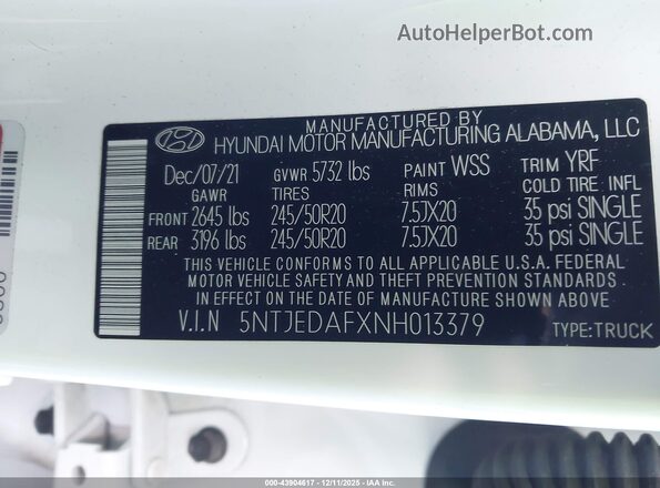 5NTJEDAFXNH013379 2022 HYUNDAI SANTA CRUZ White Շարժիչի բաժամունքի տեսք