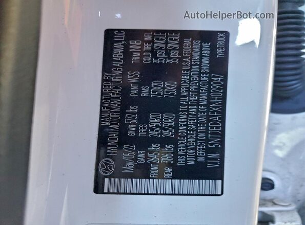 5NTJEDAFXNH029047 2022 HYUNDAI SANTA Белый Вид наклейки с VIN-кодом