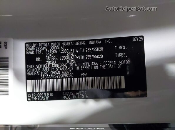 5TDAAAB54SS096392 2025 TOYOTA GRAND HIGHLANDER White Vista del compartimento del motor