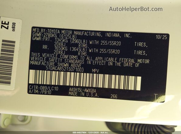 5TDACAB52TS071003 2026 TOYOTA LIMITED Белый Вид подкапотного пространства