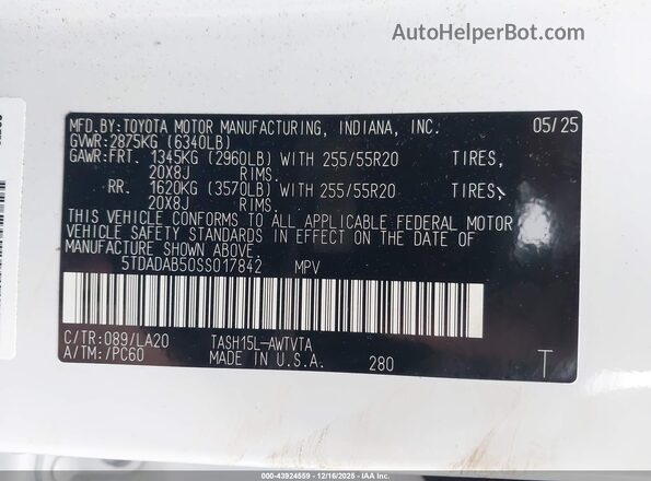 5TDADAB50SS017842 2025 TOYOTA LIMITED White Вид підкапотного простору