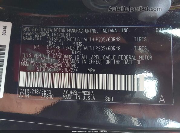 5TDCSKFC6PS107274 2023 TOYOTA SIENNA Черный Вид подкапотного пространства