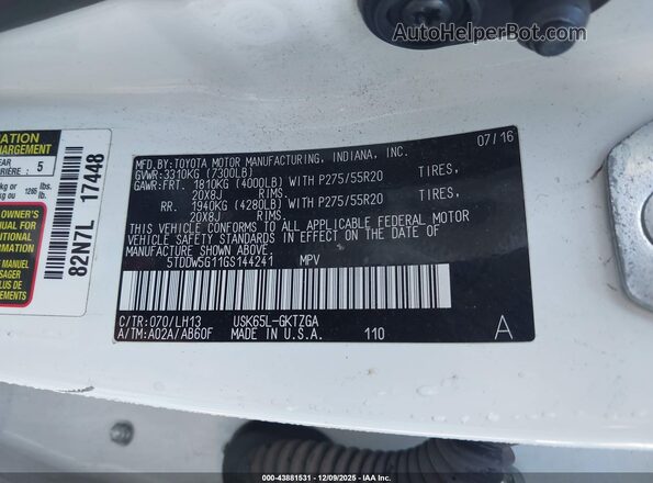 5TDDW5G11GS144241 2016 TOYOTA SEQUOIA White 