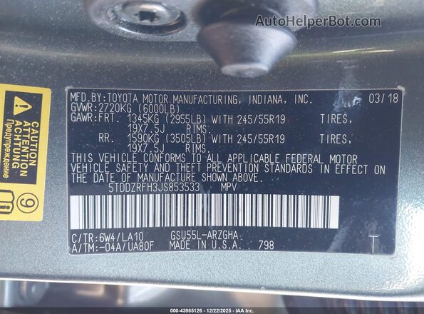 5TDDZRFH3JS853533 2018 TOYOTA LIMITED Green 
