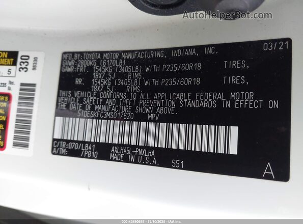 5TDESKFC3MS017620 2021 TOYOTA SIENNA White Widok komory silnika