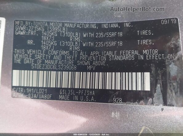 5TDEZ3DC6LS239068 2020 TOYOTA SIENNA Gray Հետևի նստատեղերի տեսք