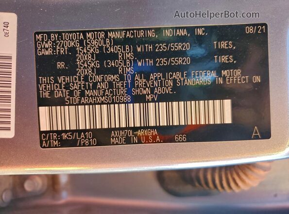 5TDFARAHXMS010988 2021 TOYOTA HIGHLANDER HYBRID Silver Vista de la etiqueta del VIN