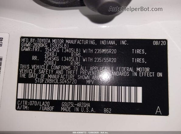 5TDFZRBH3LS045720 2020 TOYOTA HIGHLANDER White Widok komory silnika