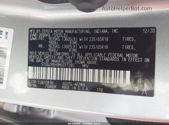 5TDGZRBH9MS077285 2021 TOYOTA LE Silver Engine compartment view