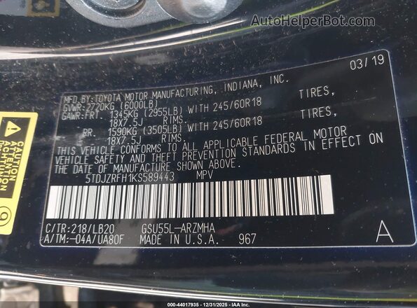 5TDJZRFH1KS589443 2019 TOYOTA LE Black Շարժիչի բաժամունքի տեսք