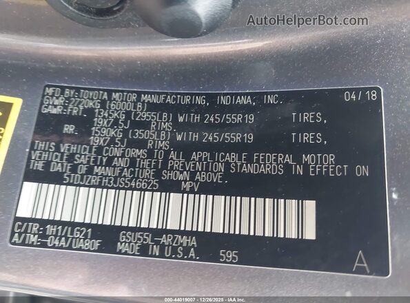 5TDJZRFH3JS546625 2018 TOYOTA HIGHLANDER Gray 