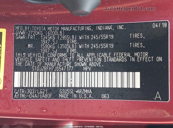 5TDJZRFH7JS547177 2018 TOYOTA HIGHLANDER Burgundy 