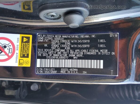 5TDJZRFHXJS899217 2018 TOYOTA HIGHLANDER Черный 