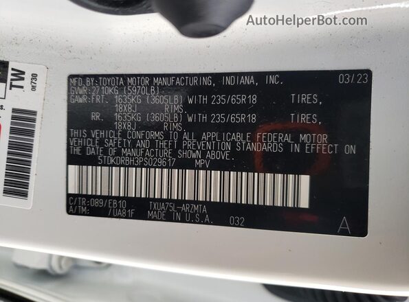 5TDKDRBH3PS029617 2023 TOYOTA HIGHLANDER Белый Панорамный вид салона 360°