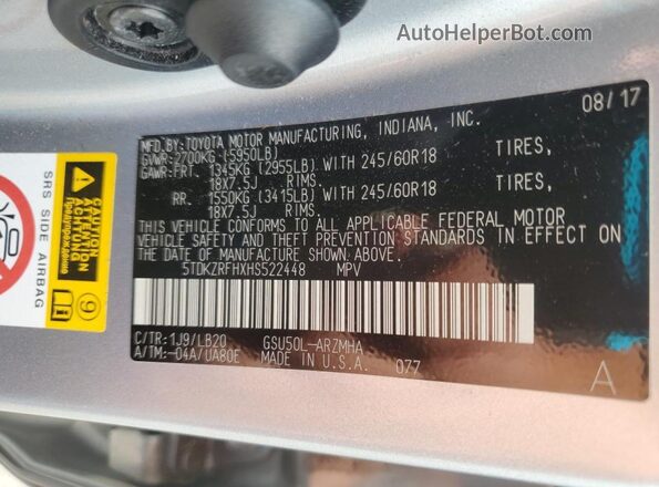 5TDKZRFHXHS522448 2017 TOYOTA HIGHLANDER Серебряный Вид наклейки с VIN-кодом