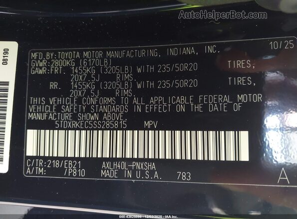 5TDXRKEC5SS285815 2025 TOYOTA SIENNA Black Engine compartment view