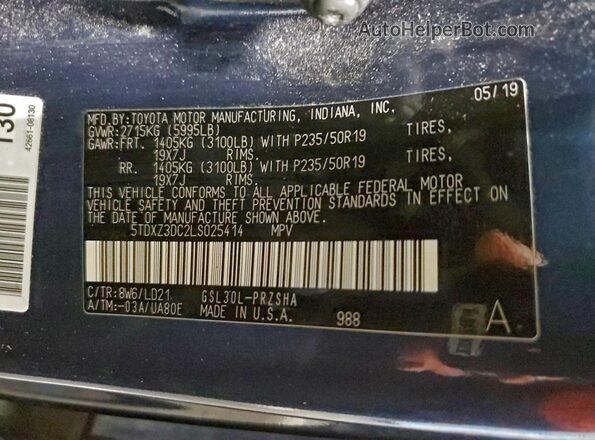 5TDXZ3DC2LS025414 2020 TOYOTA SIENNA Blue VIN sticker view