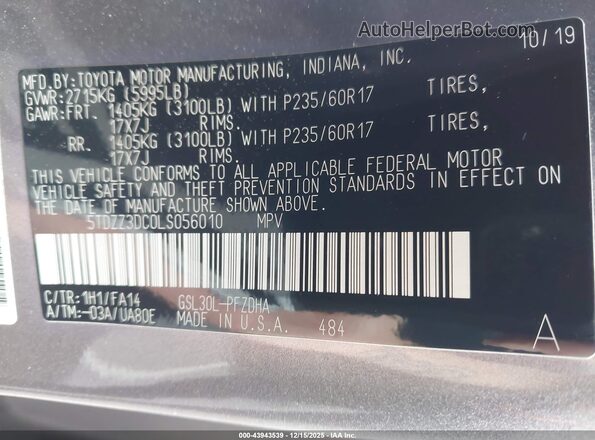 5TDZZ3DC0LS056010 2020 TOYOTA SIENNA Gray Vista del compartimento del motor