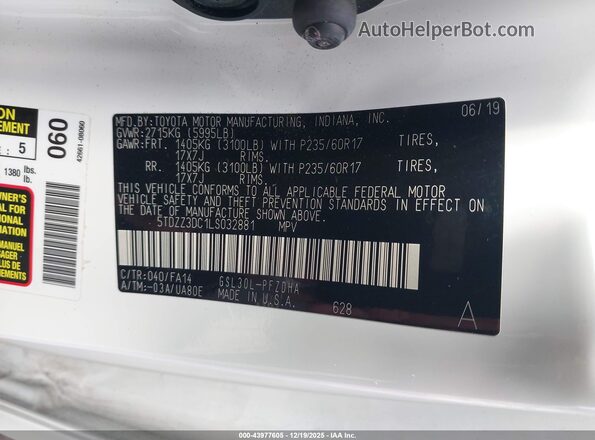 5TDZZ3DC1LS032881 2020 TOYOTA SIENNA White Շարժիչի բաժամունքի տեսք