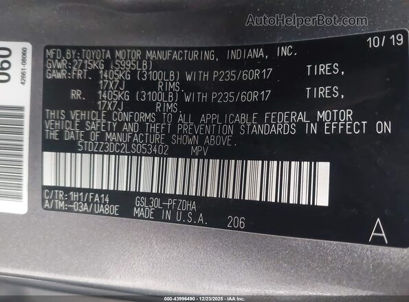 5TDZZ3DC2LS053402 2020 TOYOTA SIENNA Gray Вид підкапотного простору