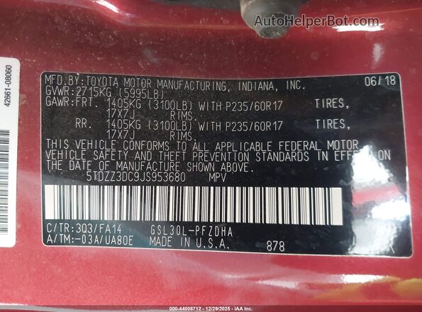 5TDZZ3DC9JS953680 2018 TOYOTA SIENNA Red 
