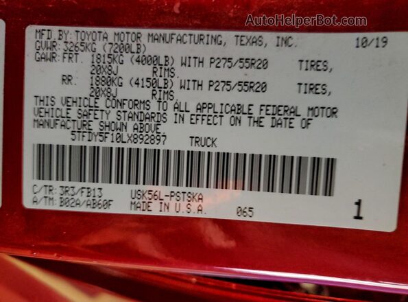 5TFDY5F10LX892897 2020 TOYOTA TUNDRA Maroon Widok komory silnika