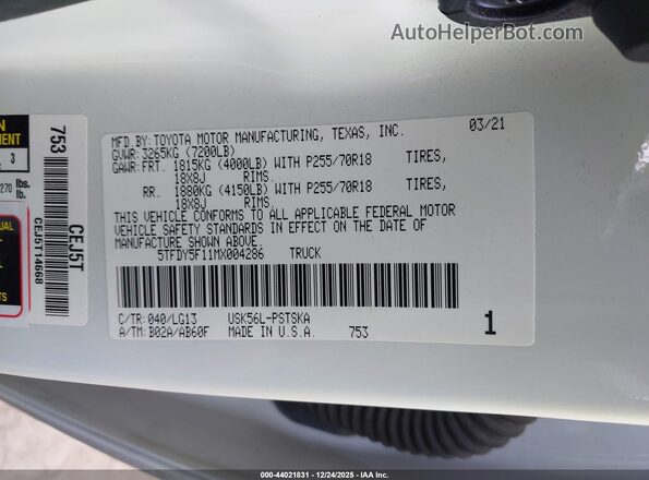 5TFDY5F11MX004286 2021 TOYOTA TUNDRA White Вид підкапотного простору