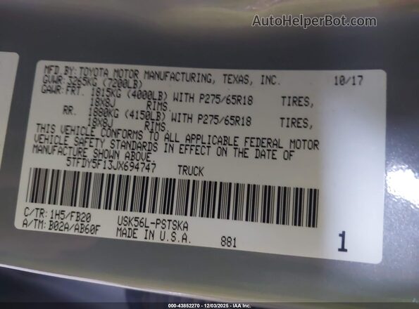 5TFDY5F13JX694747 2018 TOYOTA TUNDRA Gray ძრავის განყოფილების ხედი