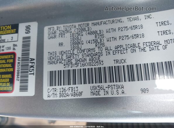 5TFDY5F16KX822593 2019 TOYOTA TUNDRA Silver Vista del compartimento del motor