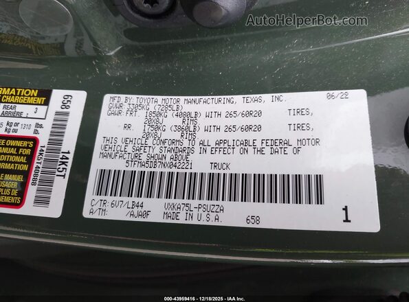 5TFMA5DB7NX042221 2022 TOYOTA TUNDRA Green Engine compartment view