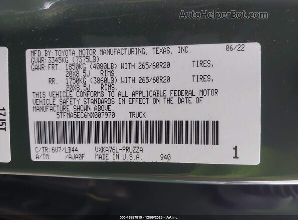 5TFMA5EC6NX007970 2022 TOYOTA TUNDRA Green Vista del compartimento del motor