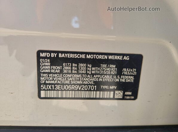 5UX13EU06R9V20701 2024 BMW X5 White Vista de la etiqueta del VIN